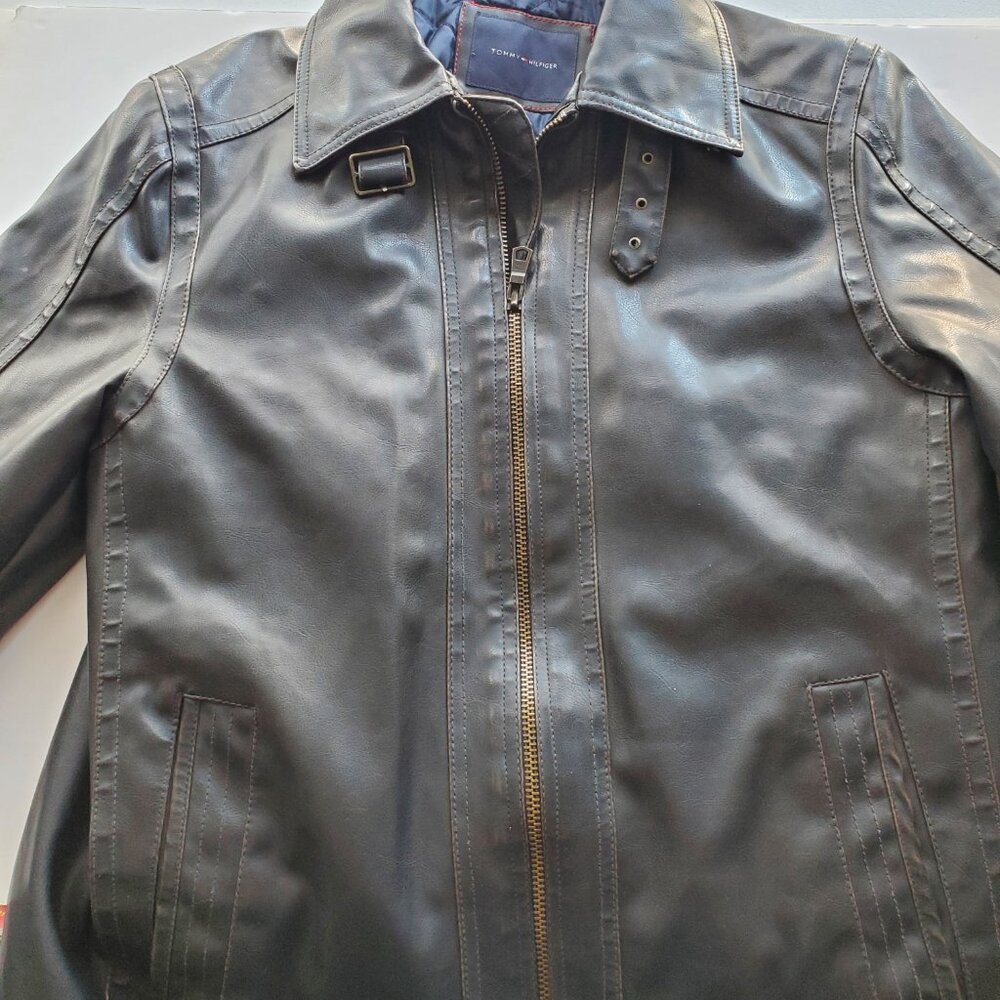 Tommy Hilfiger Men's Faux Leather Bomber Style Jacket - Medium - Dark Brown NWTS